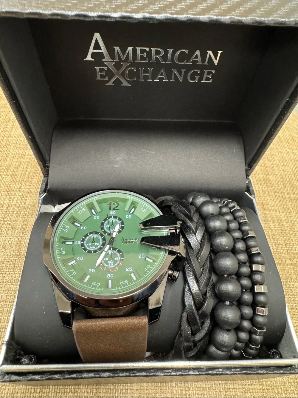 American Exchange Men's Wristwatch & Bracelet Set Green Dial Brown Leather Strap